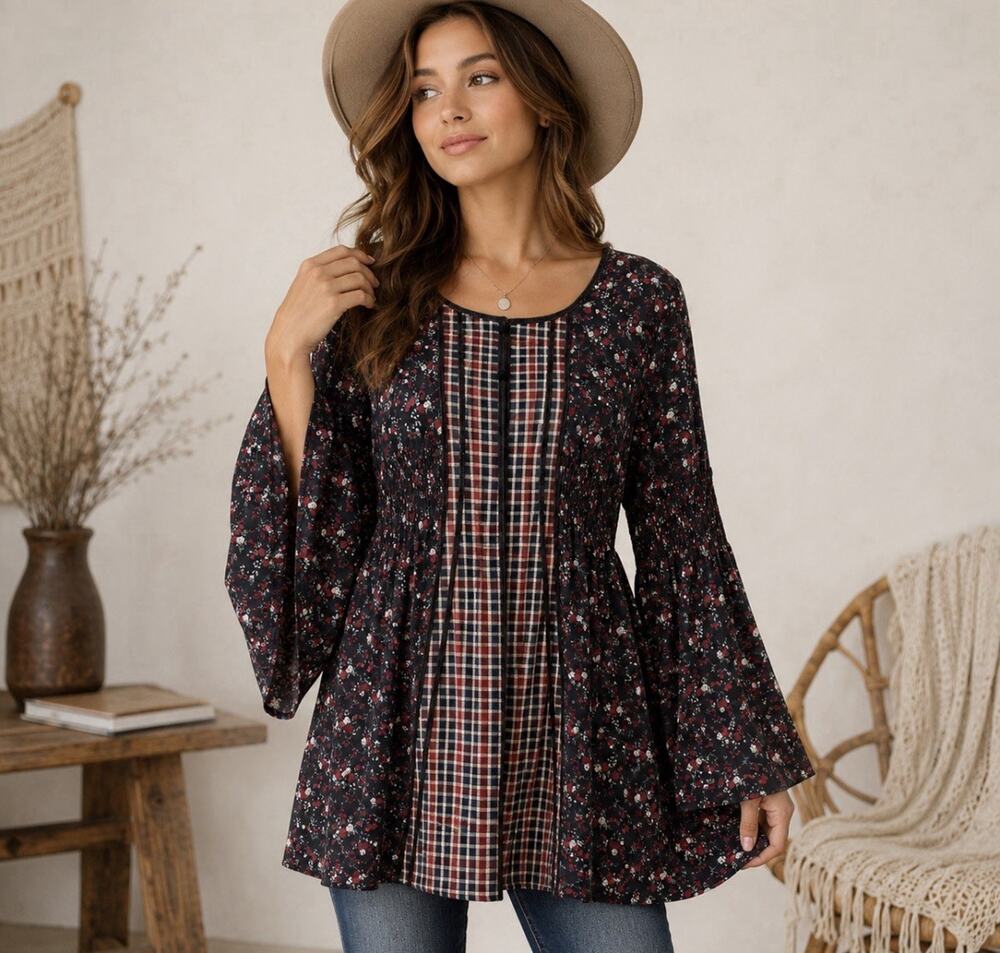 POL Medium Mixed Print Boho Tunic Floral Plaid Smocked Bell Sleeve Rayon Blouse